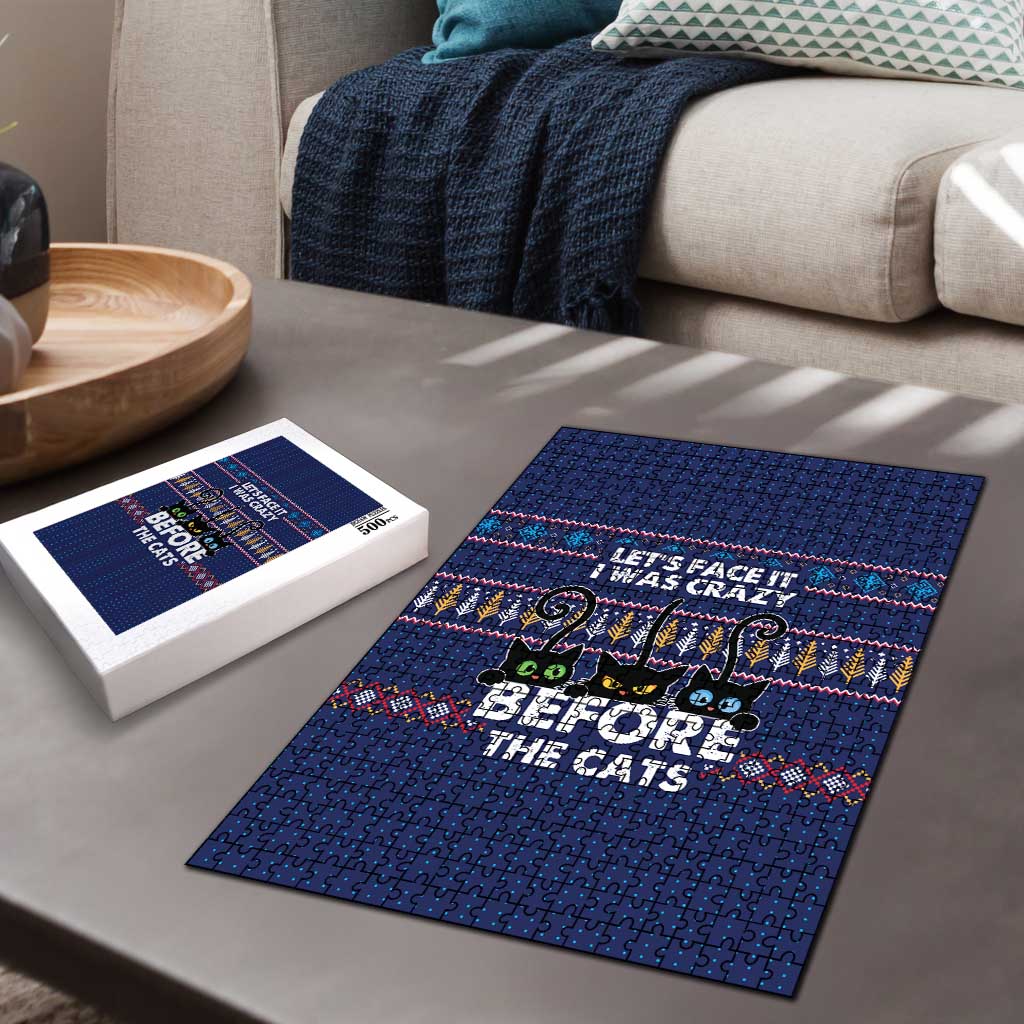Crazy Cat Lover Puzzle with Black Cats and Funny Quote in Blue Holiday Knit Pattern Design - Wonder Print Shop