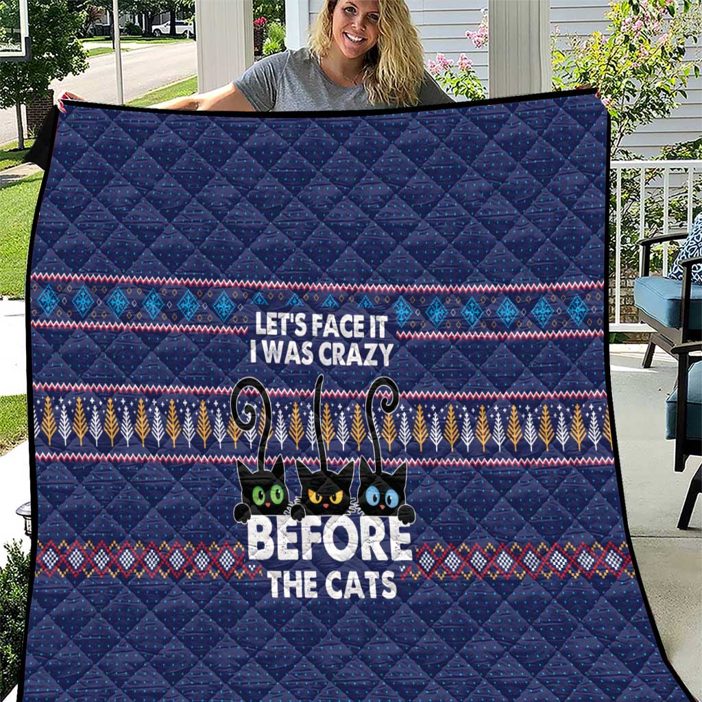 Crazy Cat Lover Quilt with Black Cats and Funny Quote in Blue Holiday Knit Pattern Design - Wonder Print Shop