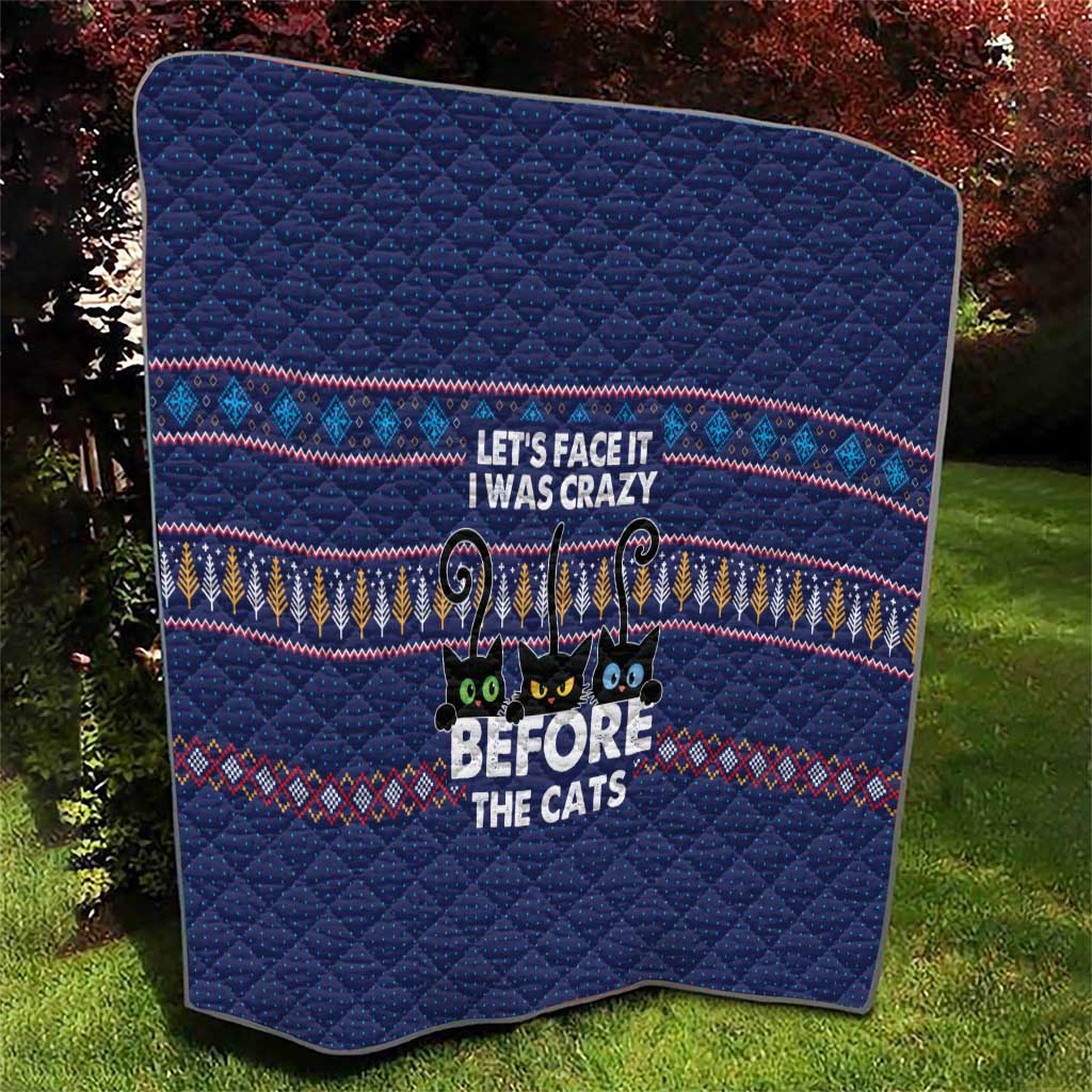 Crazy Cat Lover Quilt with Black Cats and Funny Quote in Blue Holiday Knit Pattern Design - Wonder Print Shop