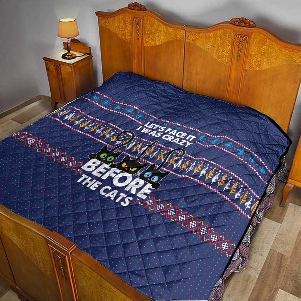 Crazy Cat Lover Quilt with Black Cats and Funny Quote in Blue Holiday Knit Pattern Design - Wonder Print Shop