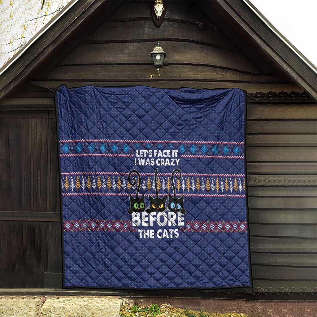 Crazy Cat Lover Quilt with Black Cats and Funny Quote in Blue Holiday Knit Pattern Design - Wonder Print Shop