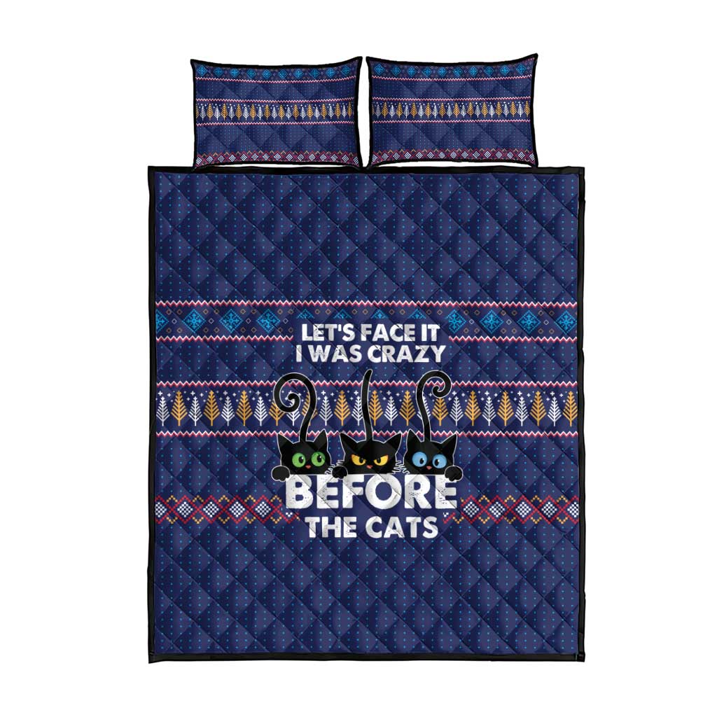 Crazy Cat Lover Quilt Bed Set with Black Cats and Funny Quote in Blue Holiday Knit Pattern Design - Wonder Print Shop