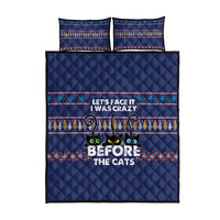 Crazy Cat Lover Quilt Bed Set with Black Cats and Funny Quote in Blue Holiday Knit Pattern Design - Wonder Print Shop