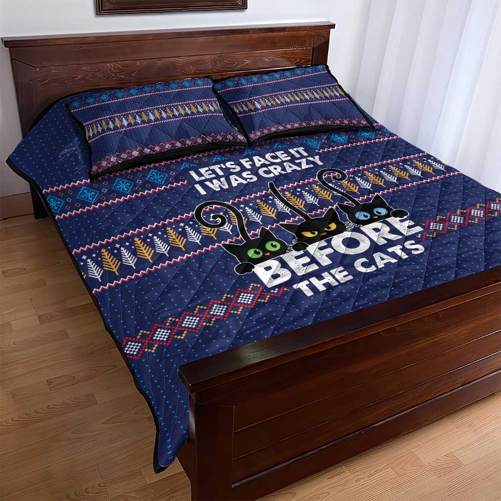 Crazy Cat Lover Quilt Bed Set with Black Cats and Funny Quote in Blue Holiday Knit Pattern Design - Wonder Print Shop
