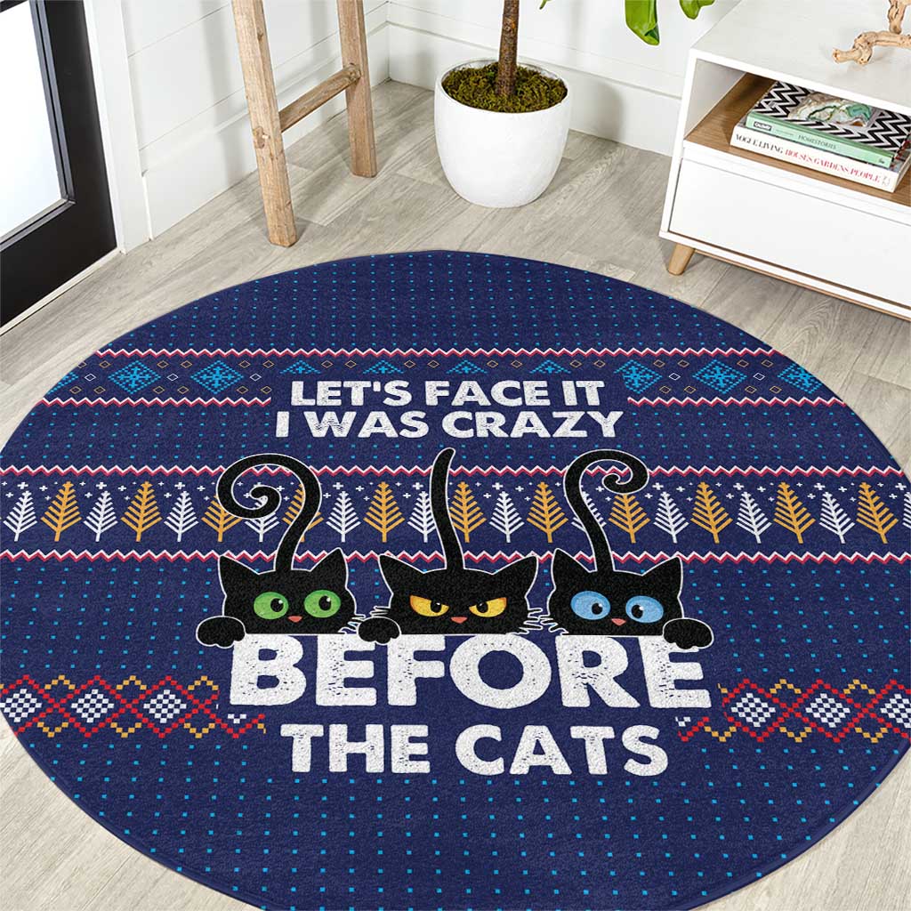 Crazy Cat Lover Round Carpet with Black Cats and Funny Quote in Blue Holiday Knit Pattern Design - Wonder Print Shop