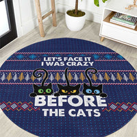 Crazy Cat Lover Round Carpet with Black Cats and Funny Quote in Blue Holiday Knit Pattern Design - Wonder Print Shop