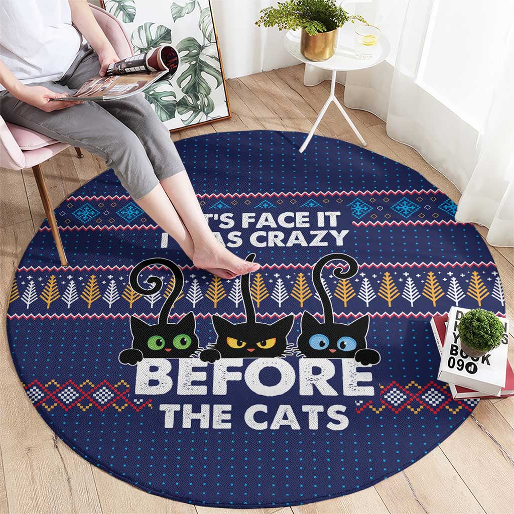 Crazy Cat Lover Round Carpet with Black Cats and Funny Quote in Blue Holiday Knit Pattern Design - Wonder Print Shop