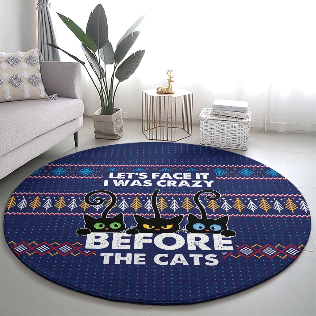 Crazy Cat Lover Round Carpet with Black Cats and Funny Quote in Blue Holiday Knit Pattern Design - Wonder Print Shop