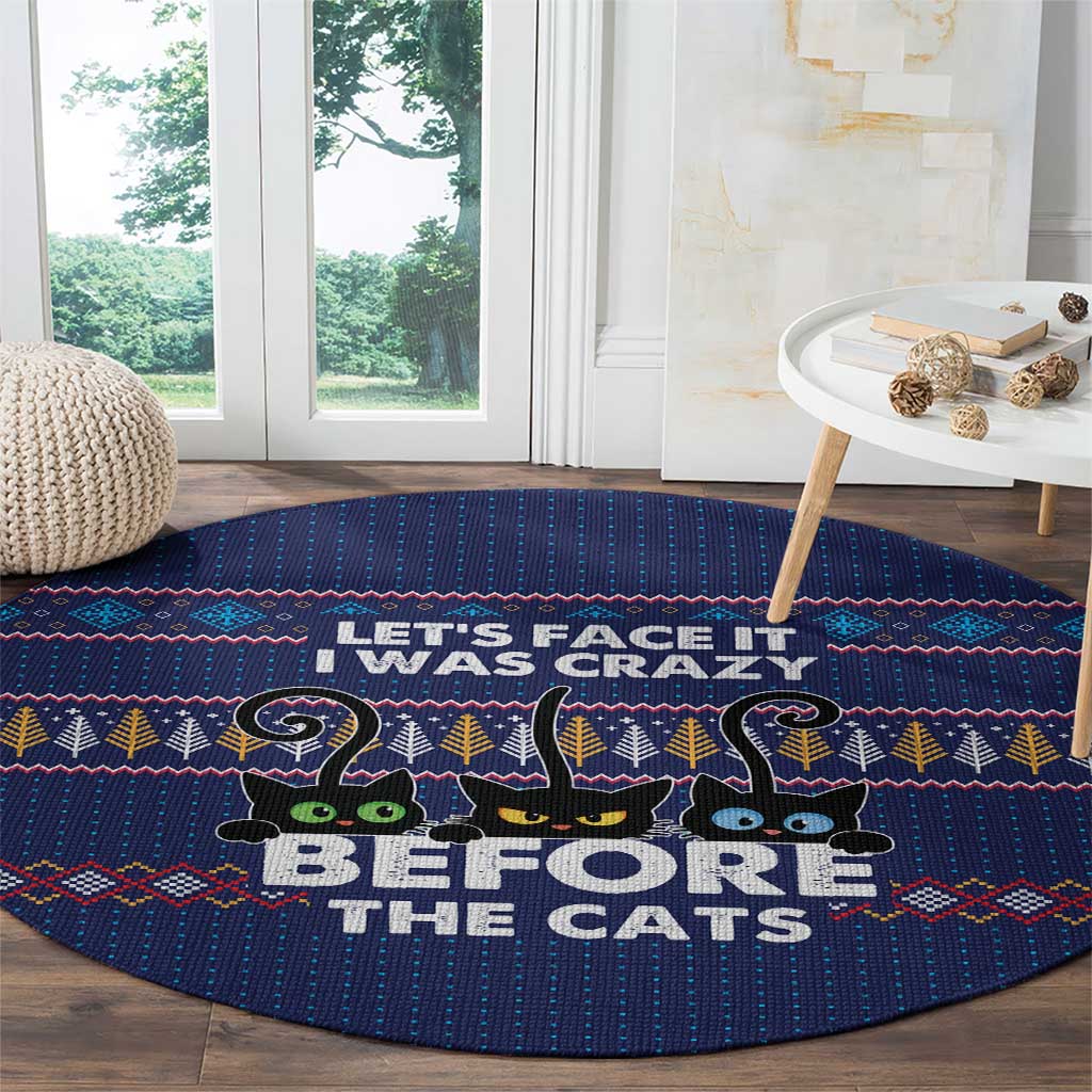Crazy Cat Lover Round Carpet with Black Cats and Funny Quote in Blue Holiday Knit Pattern Design - Wonder Print Shop