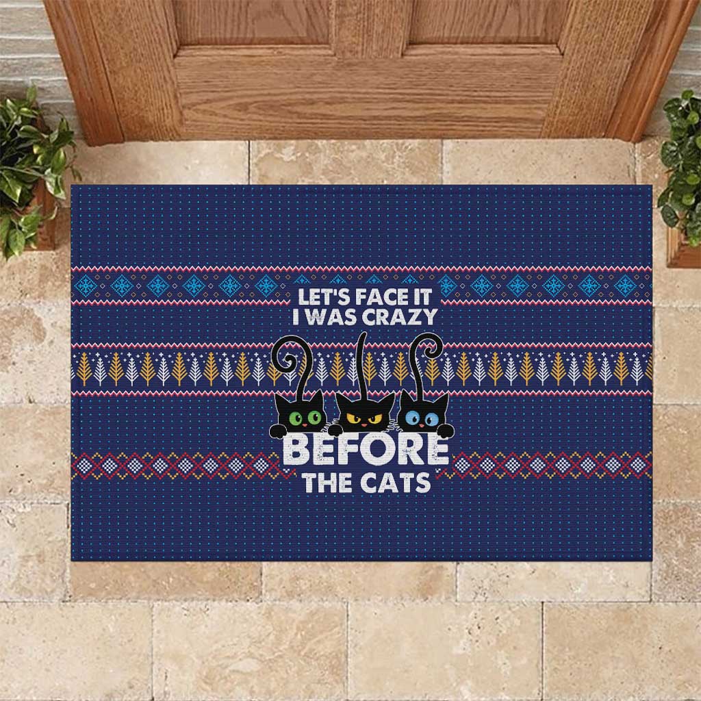 Crazy Cat Lover Rubber Doormat with Black Cats and Funny Quote in Blue Holiday Knit Pattern Design - Wonder Print Shop