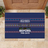 Crazy Cat Lover Rubber Doormat with Black Cats and Funny Quote in Blue Holiday Knit Pattern Design - Wonder Print Shop