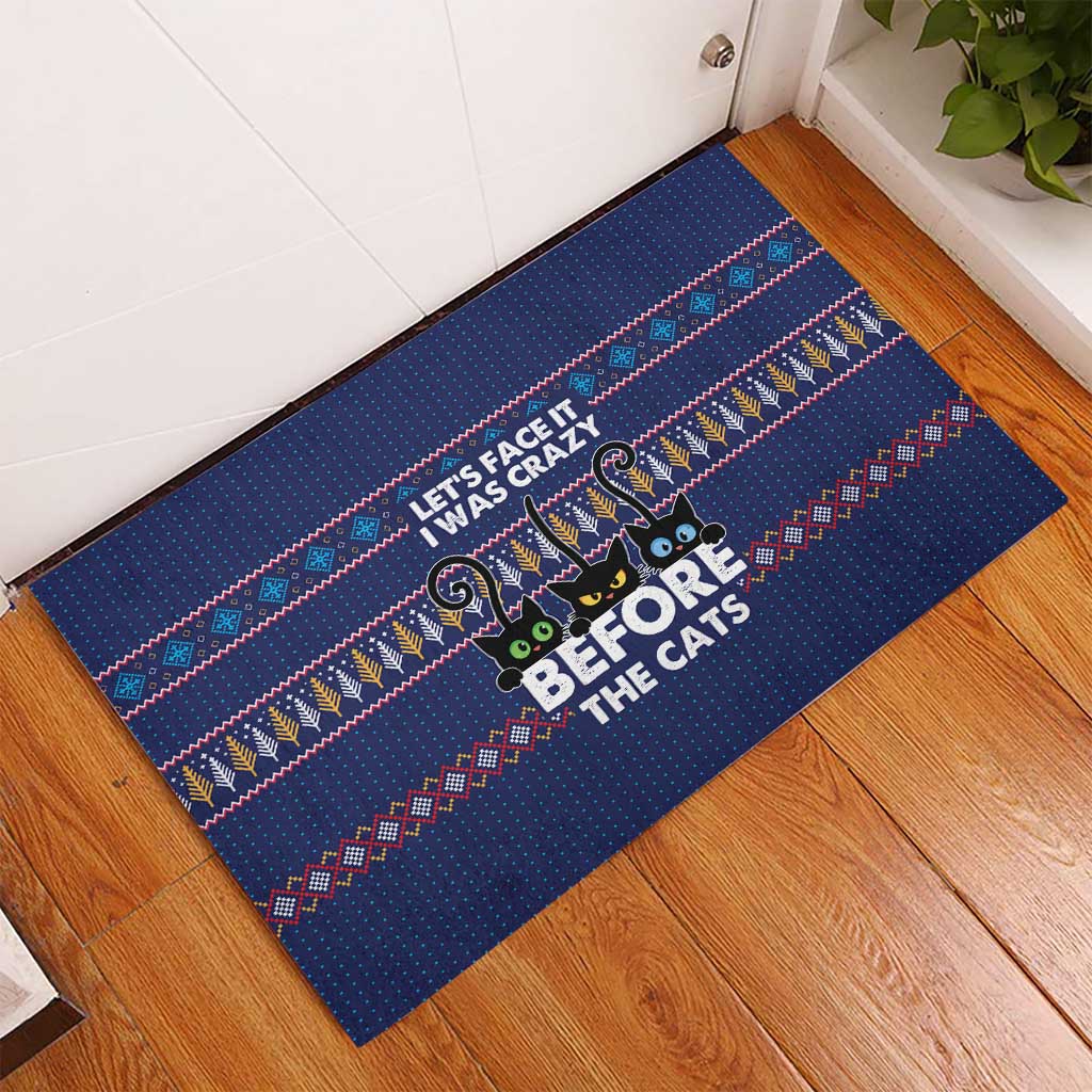 Crazy Cat Lover Rubber Doormat with Black Cats and Funny Quote in Blue Holiday Knit Pattern Design - Wonder Print Shop