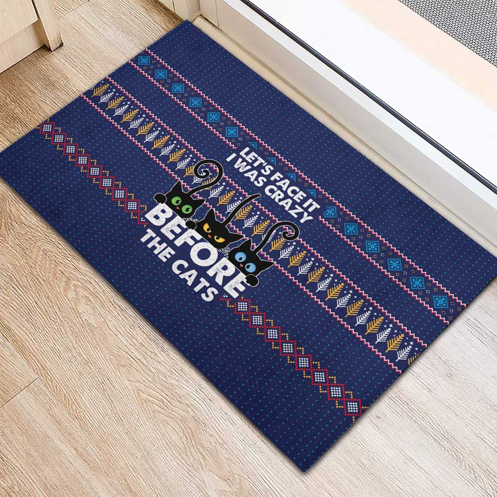 Crazy Cat Lover Rubber Doormat with Black Cats and Funny Quote in Blue Holiday Knit Pattern Design - Wonder Print Shop