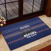 Crazy Cat Lover Rubber Doormat with Black Cats and Funny Quote in Blue Holiday Knit Pattern Design - Wonder Print Shop