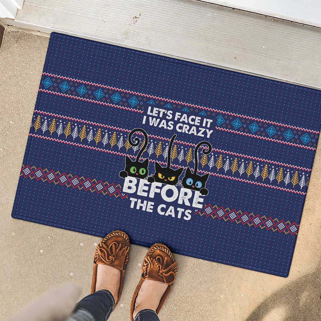 Crazy Cat Lover Rubber Doormat with Black Cats and Funny Quote in Blue Holiday Knit Pattern Design - Wonder Print Shop