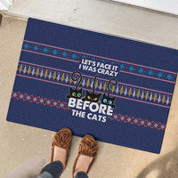 Crazy Cat Lover Rubber Doormat with Black Cats and Funny Quote in Blue Holiday Knit Pattern Design - Wonder Print Shop
