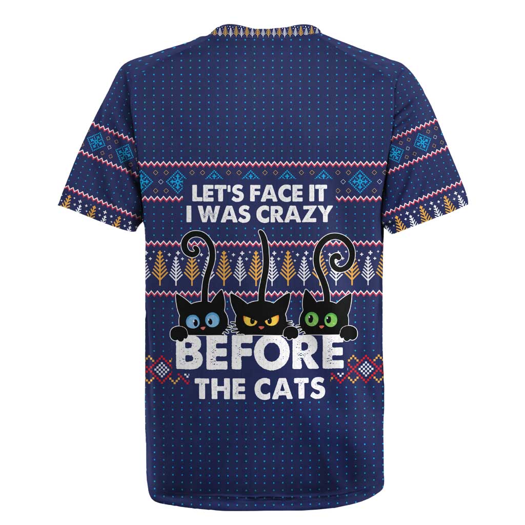 Crazy Cat Lover Rugby Jersey with Black Cats and Funny Quote in Blue Holiday Knit Pattern Design - Wonder Print Shop