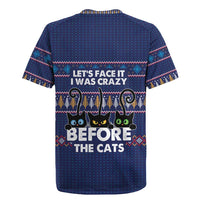 Crazy Cat Lover Rugby Jersey with Black Cats and Funny Quote in Blue Holiday Knit Pattern Design - Wonder Print Shop
