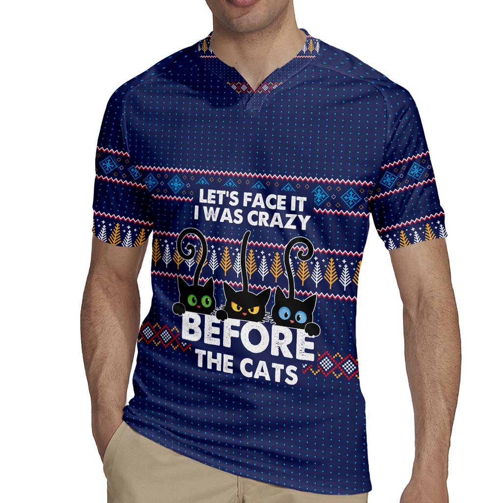 Crazy Cat Lover Rugby Jersey with Black Cats and Funny Quote in Blue Holiday Knit Pattern Design - Wonder Print Shop