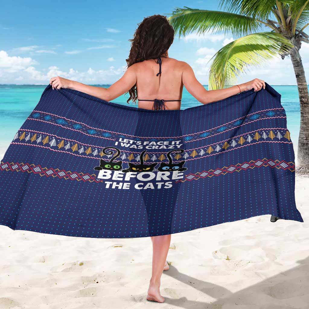 Crazy Cat Lover Sarong with Black Cats and Funny Quote in Blue Holiday Knit Pattern Design - Wonder Print Shop