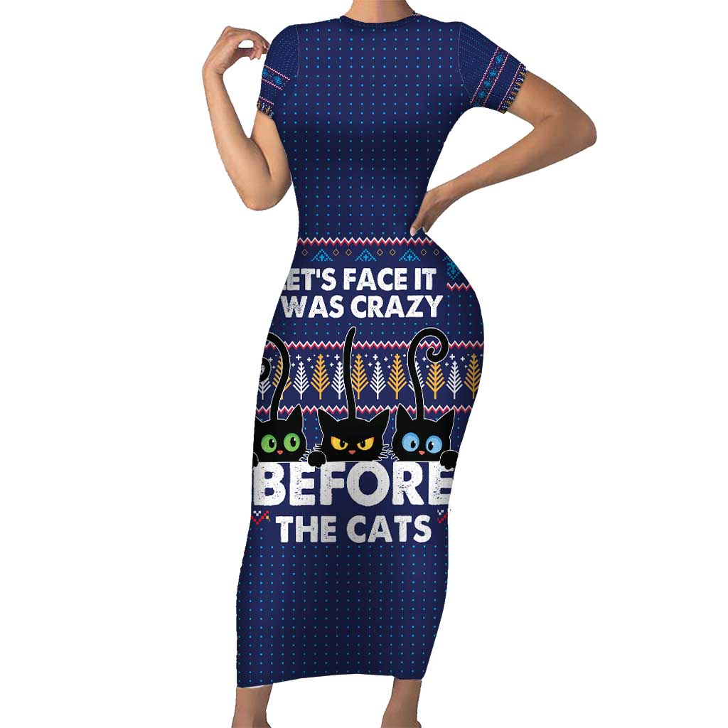 Crazy Cat Lover Short Sleeve Bodycon Dress with Black Cats and Funny Quote in Blue Holiday Knit Pattern Design - Wonder Print Shop