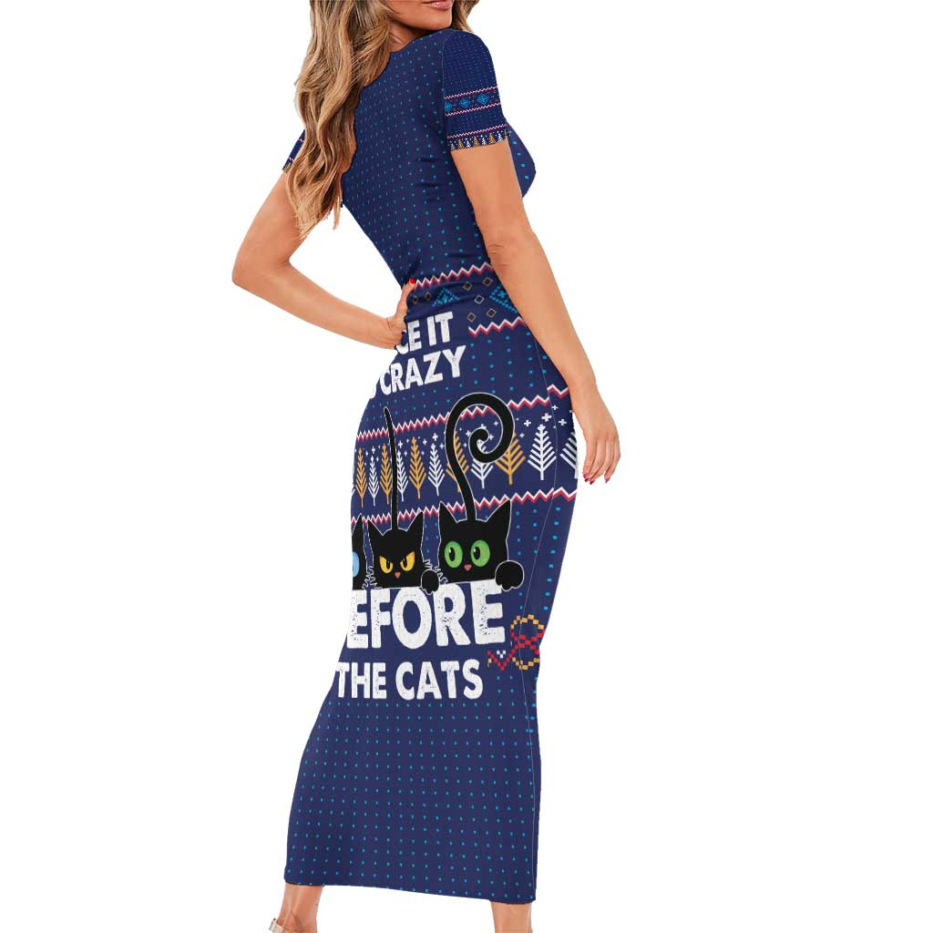 Crazy Cat Lover Short Sleeve Bodycon Dress with Black Cats and Funny Quote in Blue Holiday Knit Pattern Design - Wonder Print Shop