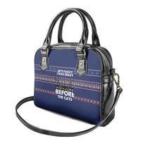 Crazy Cat Lover Shoulder Handbag with Black Cats and Funny Quote in Blue Holiday Knit Pattern Design - Wonder Print Shop