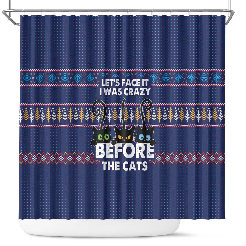 Crazy Cat Lover Shower Curtain with Black Cats and Funny Quote in Blue Holiday Knit Pattern Design - Wonder Print Shop