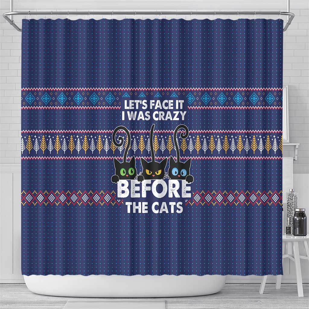 Crazy Cat Lover Shower Curtain with Black Cats and Funny Quote in Blue Holiday Knit Pattern Design - Wonder Print Shop