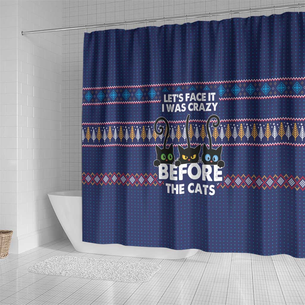 Crazy Cat Lover Shower Curtain with Black Cats and Funny Quote in Blue Holiday Knit Pattern Design - Wonder Print Shop