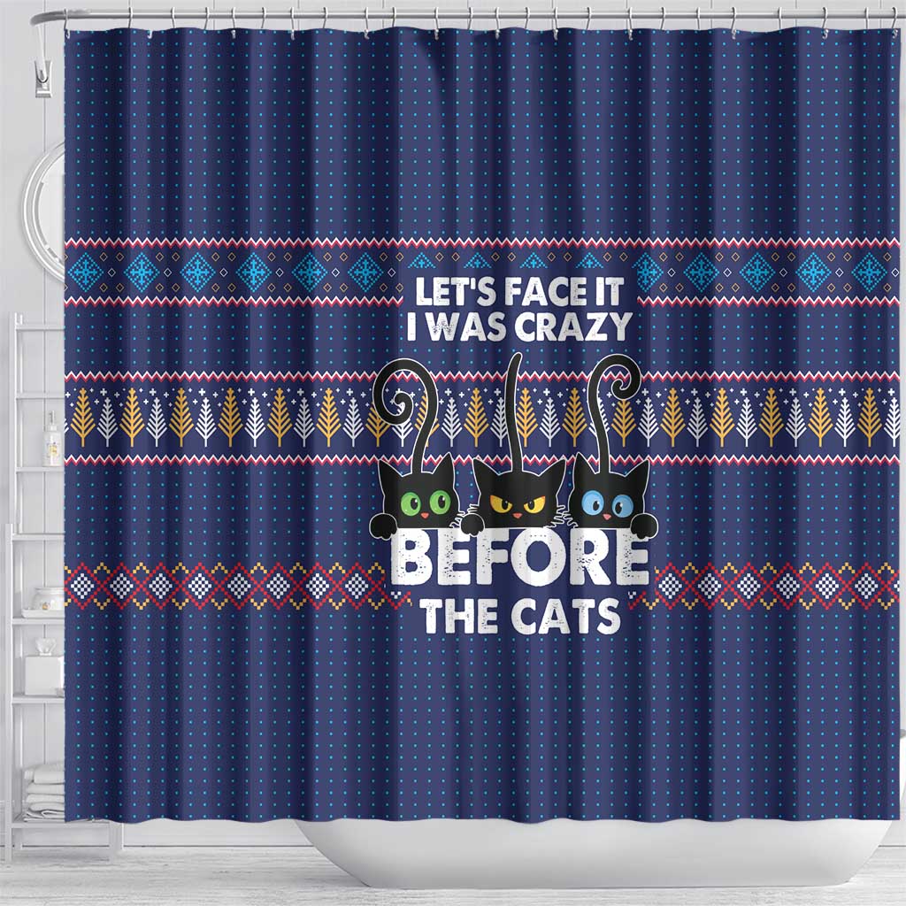 Crazy Cat Lover Shower Curtain with Black Cats and Funny Quote in Blue Holiday Knit Pattern Design - Wonder Print Shop