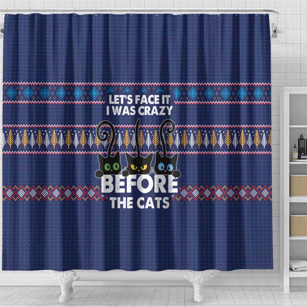 Crazy Cat Lover Shower Curtain with Black Cats and Funny Quote in Blue Holiday Knit Pattern Design - Wonder Print Shop