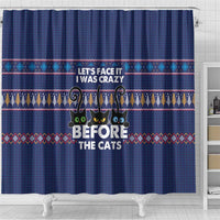 Crazy Cat Lover Shower Curtain with Black Cats and Funny Quote in Blue Holiday Knit Pattern Design - Wonder Print Shop
