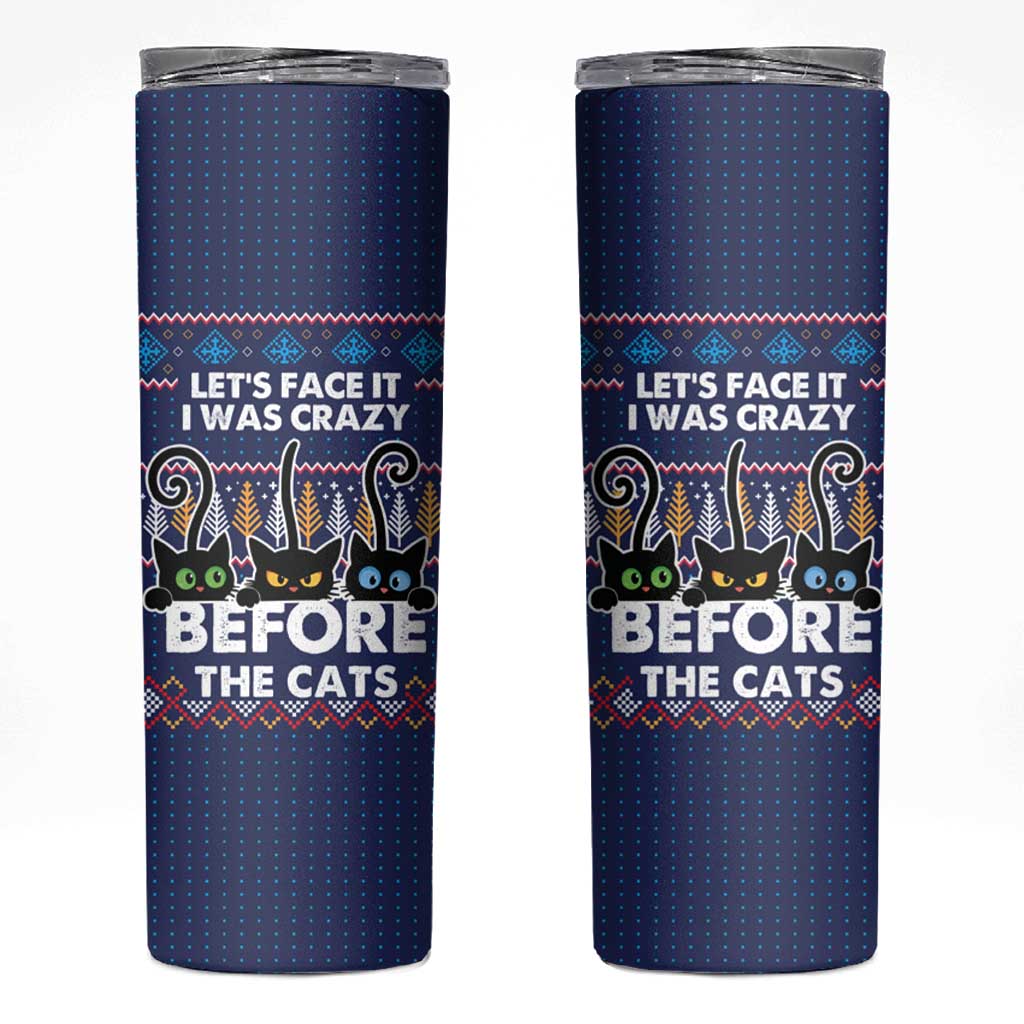 Crazy Cat Lover Skinny Tumbler with Black Cats and Funny Quote in Blue Holiday Knit Pattern Design - Wonder Print Shop