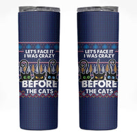 Crazy Cat Lover Skinny Tumbler with Black Cats and Funny Quote in Blue Holiday Knit Pattern Design - Wonder Print Shop