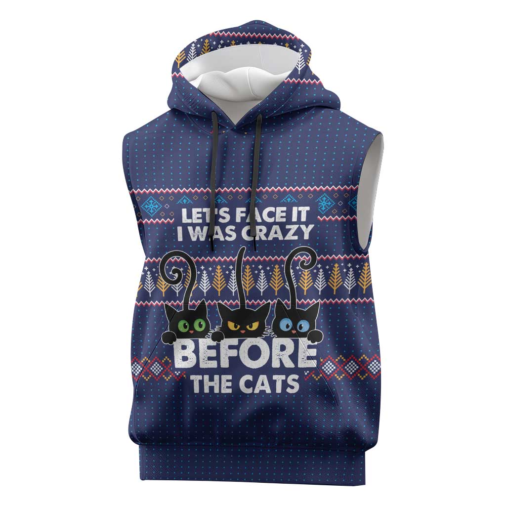 Crazy Cat Lover Sleeveless Hoodie with Black Cats and Funny Quote in Blue Holiday Knit Pattern Design - Wonder Print Shop