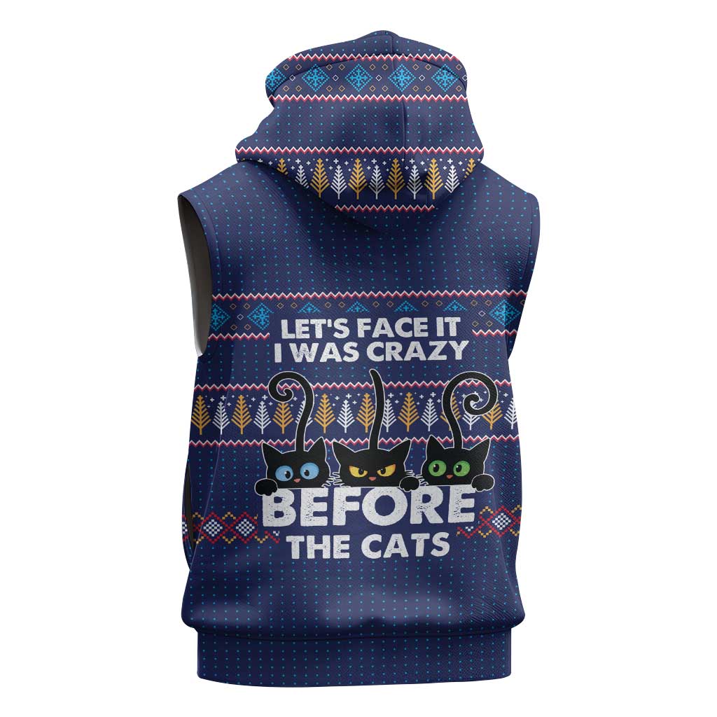 Crazy Cat Lover Sleeveless Hoodie with Black Cats and Funny Quote in Blue Holiday Knit Pattern Design - Wonder Print Shop