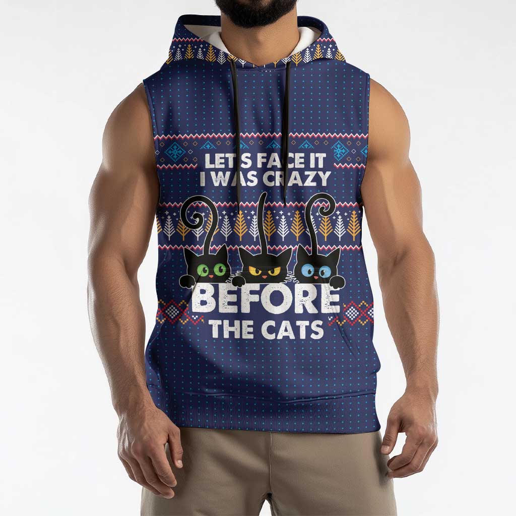 Crazy Cat Lover Sleeveless Hoodie with Black Cats and Funny Quote in Blue Holiday Knit Pattern Design - Wonder Print Shop