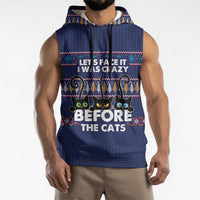 Crazy Cat Lover Sleeveless Hoodie with Black Cats and Funny Quote in Blue Holiday Knit Pattern Design - Wonder Print Shop