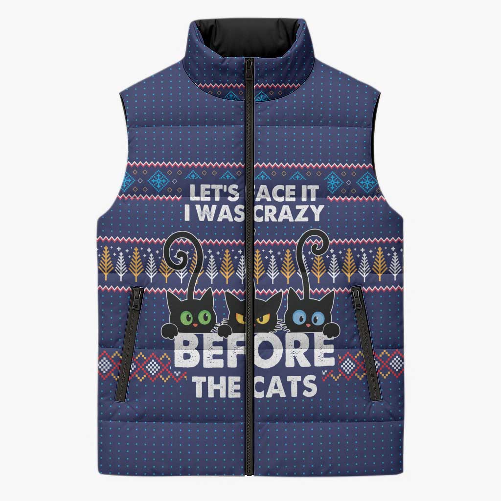 Crazy Cat Lover Sleeveless Puffer Jacket with Black Cats and Funny Quote in Blue Holiday Knit Pattern Design - Wonder Print Shop