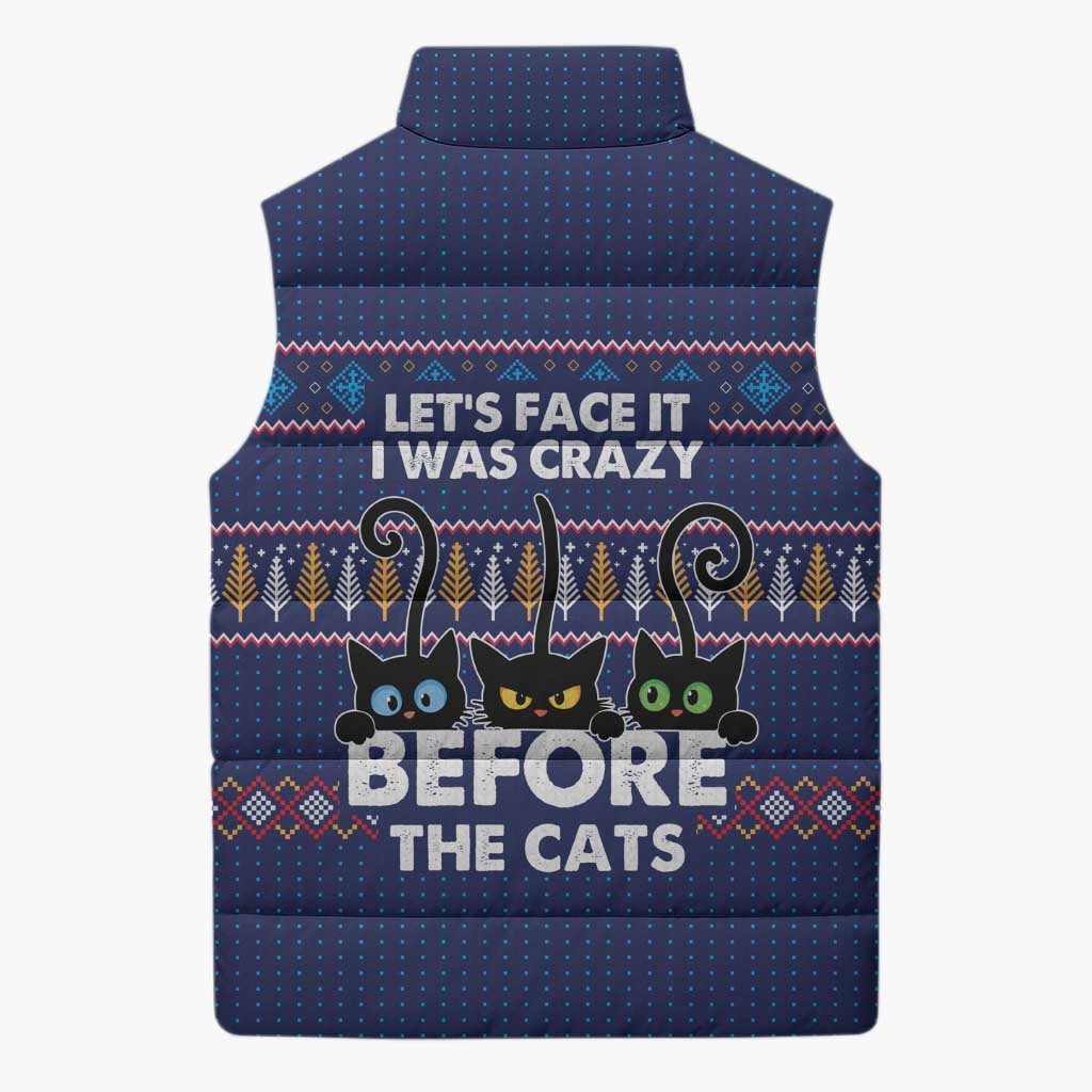 Crazy Cat Lover Sleeveless Puffer Jacket with Black Cats and Funny Quote in Blue Holiday Knit Pattern Design - Wonder Print Shop