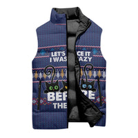 Crazy Cat Lover Sleeveless Puffer Jacket with Black Cats and Funny Quote in Blue Holiday Knit Pattern Design - Wonder Print Shop