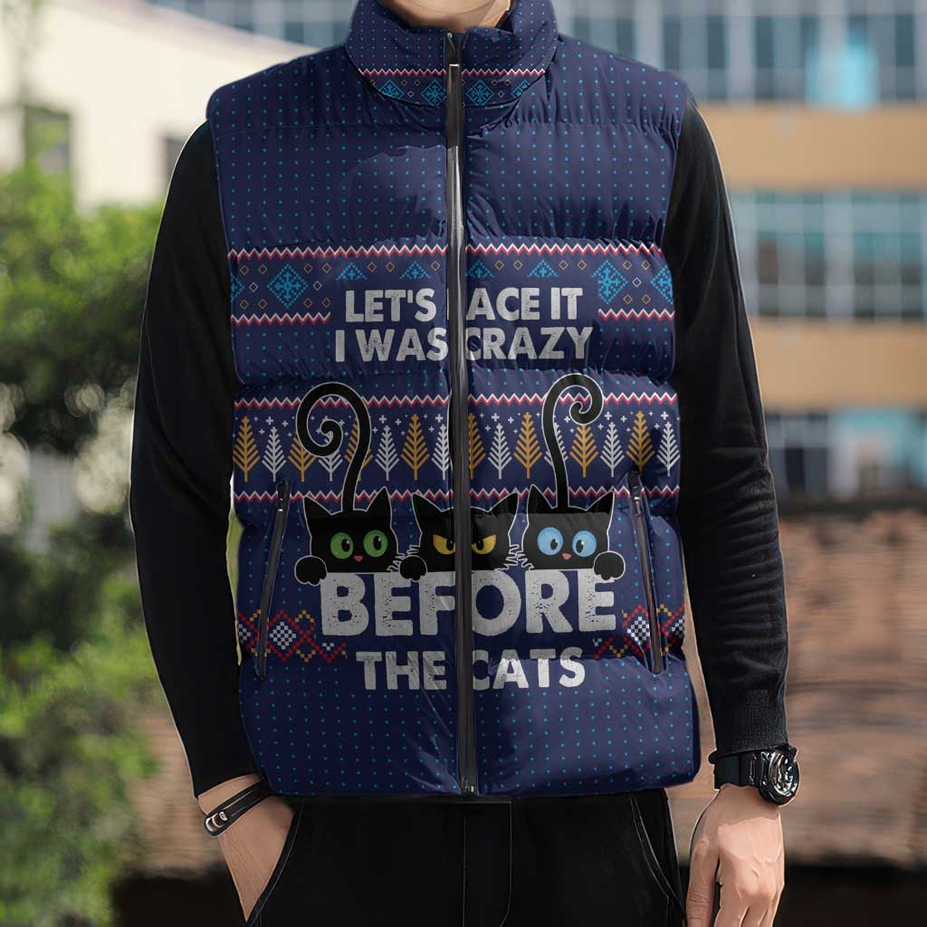 Crazy Cat Lover Sleeveless Puffer Jacket with Black Cats and Funny Quote in Blue Holiday Knit Pattern Design - Wonder Print Shop