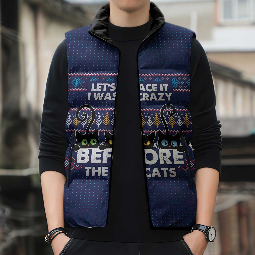 Crazy Cat Lover Sleeveless Puffer Jacket with Black Cats and Funny Quote in Blue Holiday Knit Pattern Design - Wonder Print Shop