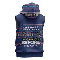Crazy Cat Lover Sleeveless Zip Hoodie with Black Cats and Funny Quote in Blue Holiday Knit Pattern Design - Wonder Print Shop