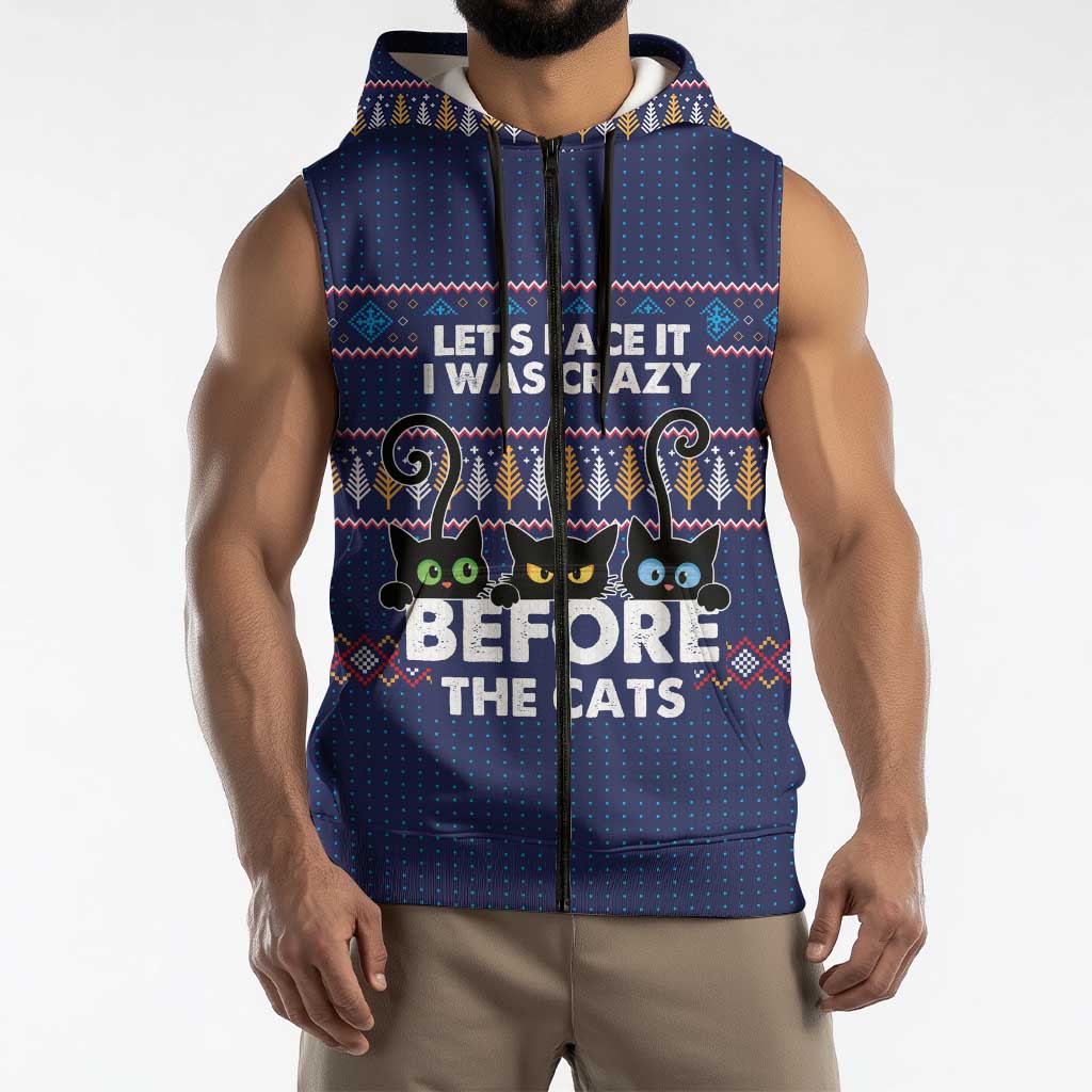 Crazy Cat Lover Sleeveless Zip Hoodie with Black Cats and Funny Quote in Blue Holiday Knit Pattern Design - Wonder Print Shop
