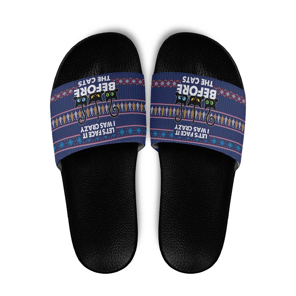 Crazy Cat Lover Slide Sandals with Black Cats and Funny Quote in Blue Holiday Knit Pattern Design - Wonder Print Shop