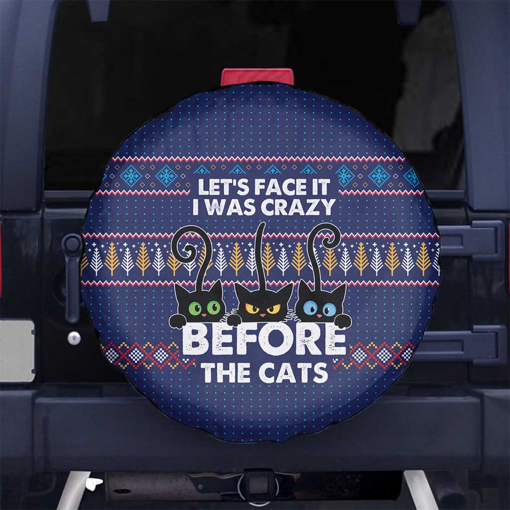 Crazy Cat Lover Spare Tire Cover with Black Cats and Funny Quote in Blue Holiday Knit Pattern Design - Wonder Print Shop