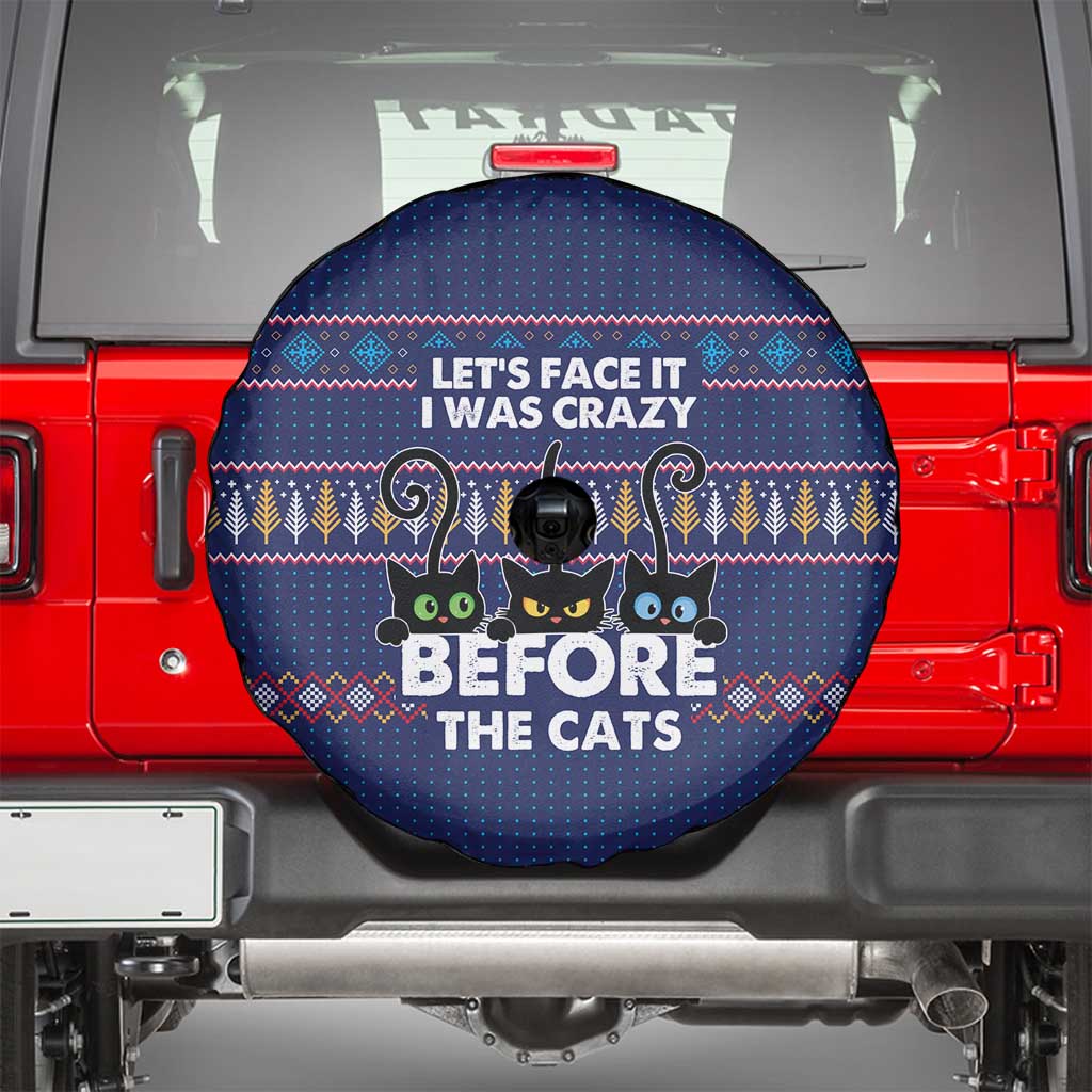 Crazy Cat Lover Spare Tire Cover with Black Cats and Funny Quote in Blue Holiday Knit Pattern Design - Wonder Print Shop