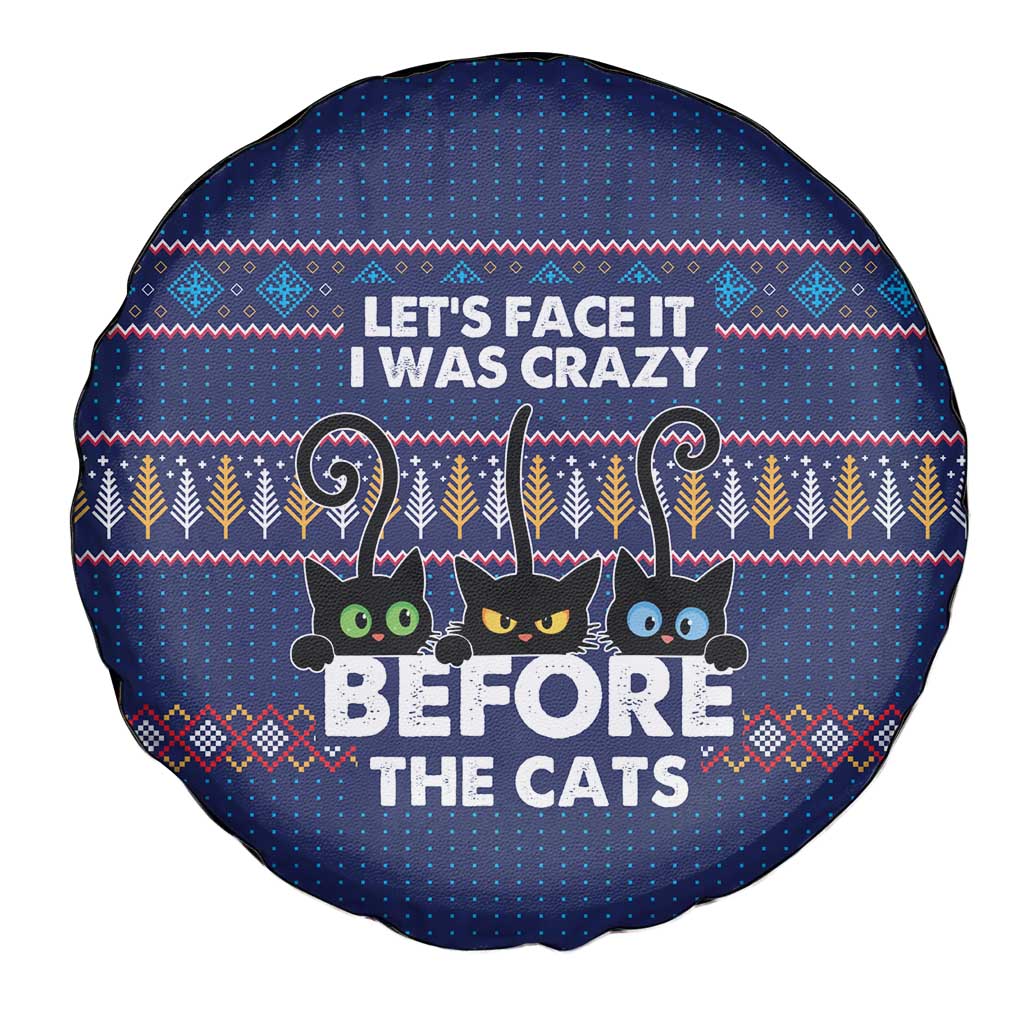 Crazy Cat Lover Spare Tire Cover with Black Cats and Funny Quote in Blue Holiday Knit Pattern Design - Wonder Print Shop